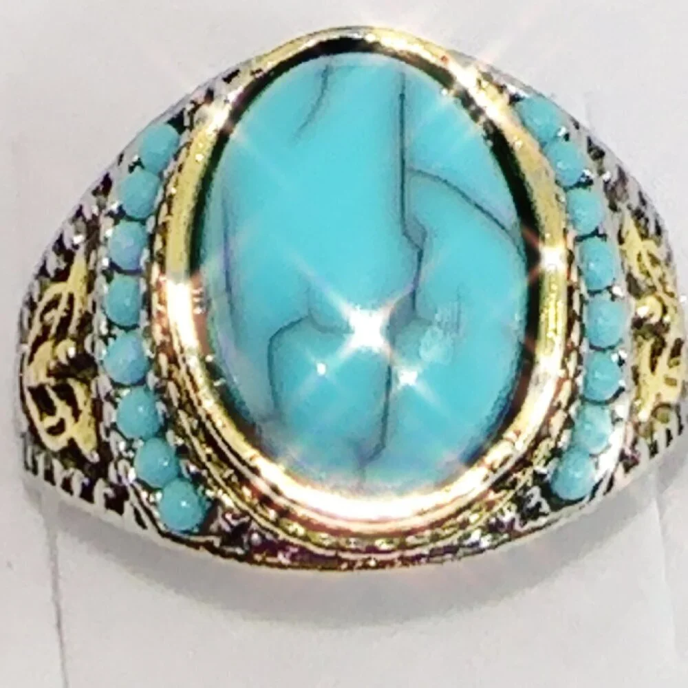 Turquoise Statement Ring Gold Silver Accents Size 8 to 11
